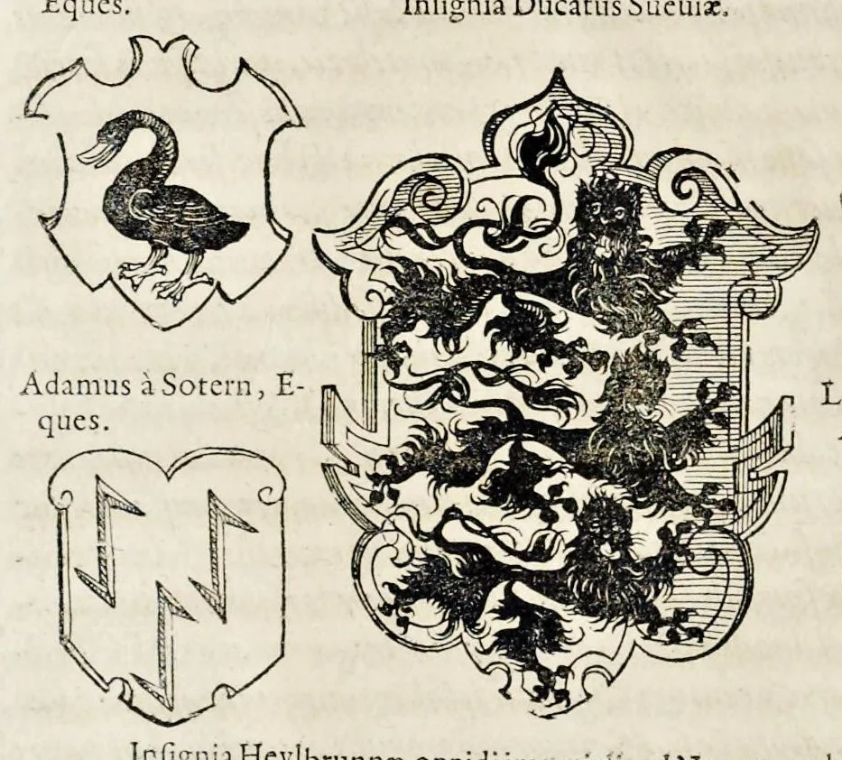 An illustration from Pandectae trivmphales, siue, Pomparvm et festorvm ac solennivm apparatvvm, conviviorvm, spectacvlorvm, simvlacrorvm bellicorvm equestrivm et pedestrivm, navmachiarum, ludorum deniq[ue] omnium nobiliorum, quot hactenus vbiq[ue] gentium re bello bene gesta ... edita concelebrataque sunt, tomi dvo : qvorvm prior de trivmphis ... heroum ... tractat : posterior ... hastilvdiorvm per Germaniam tradit initia ..., 1586, leaf 697