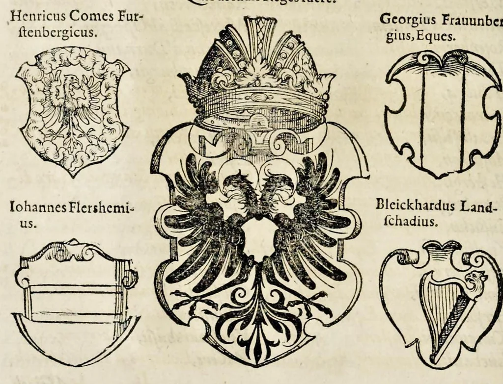 An illustration from Pandectae trivmphales, siue, Pomparvm et festorvm ac solennivm apparatvvm, conviviorvm, spectacvlorvm, simvlacrorvm bellicorvm equestrivm et pedestrivm, navmachiarum, ludorum deniq[ue] omnium nobiliorum, quot hactenus vbiq[ue] gentium re bello bene gesta ... edita concelebrataque sunt, tomi dvo : qvorvm prior de trivmphis ... heroum ... tractat : posterior ... hastilvdiorvm per Germaniam tradit initia ..., 1586, leaf 735