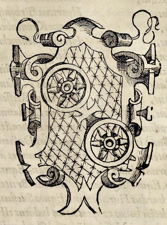 An illustration from Pandectae trivmphales, siue, Pomparvm et festorvm ac solennivm apparatvvm, conviviorvm, spectacvlorvm, simvlacrorvm bellicorvm equestrivm et pedestrivm, navmachiarum, ludorum deniq[ue] omnium nobiliorum, quot hactenus vbiq[ue] gentium re bello bene gesta ... edita concelebrataque sunt, tomi dvo : qvorvm prior de trivmphis ... heroum ... tractat : posterior ... hastilvdiorvm per Germaniam tradit initia ..., 1586, leaf 736