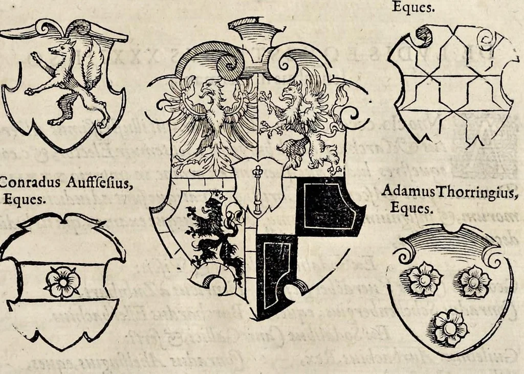 An illustration from Pandectae trivmphales, siue, Pomparvm et festorvm ac solennivm apparatvvm, conviviorvm, spectacvlorvm, simvlacrorvm bellicorvm equestrivm et pedestrivm, navmachiarum, ludorum deniq[ue] omnium nobiliorum, quot hactenus vbiq[ue] gentium re bello bene gesta ... edita concelebrataque sunt, tomi dvo : qvorvm prior de trivmphis ... heroum ... tractat : posterior ... hastilvdiorvm per Germaniam tradit initia ..., 1586, leaf 768
