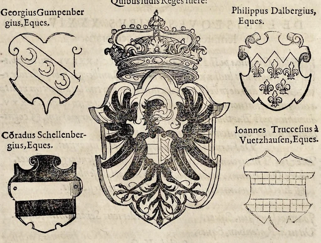 An illustration from Pandectae trivmphales, siue, Pomparvm et festorvm ac solennivm apparatvvm, conviviorvm, spectacvlorvm, simvlacrorvm bellicorvm equestrivm et pedestrivm, navmachiarum, ludorum deniq[ue] omnium nobiliorum, quot hactenus vbiq[ue] gentium re bello bene gesta ... edita concelebrataque sunt, tomi dvo : qvorvm prior de trivmphis ... heroum ... tractat : posterior ... hastilvdiorvm per Germaniam tradit initia ..., 1586, leaf 784