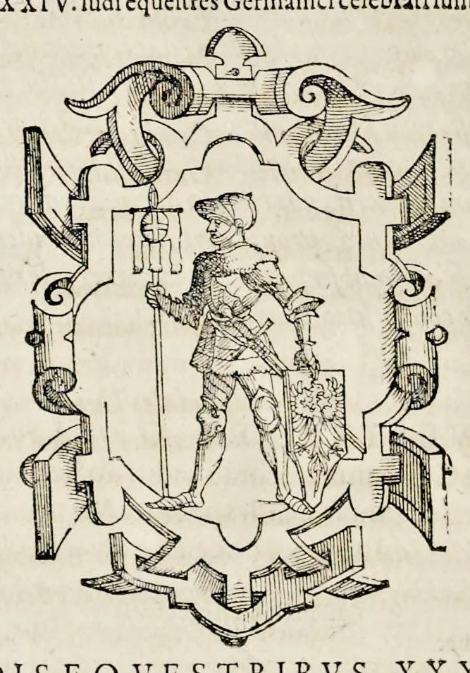An illustration from Pandectae trivmphales, siue, Pomparvm et festorvm ac solennivm apparatvvm, conviviorvm, spectacvlorvm, simvlacrorvm bellicorvm equestrivm et pedestrivm, navmachiarum, ludorum deniq[ue] omnium nobiliorum, quot hactenus vbiq[ue] gentium re bello bene gesta ... edita concelebrataque sunt, tomi dvo : qvorvm prior de trivmphis ... heroum ... tractat : posterior ... hastilvdiorvm per Germaniam tradit initia ..., 1586, leaf 785