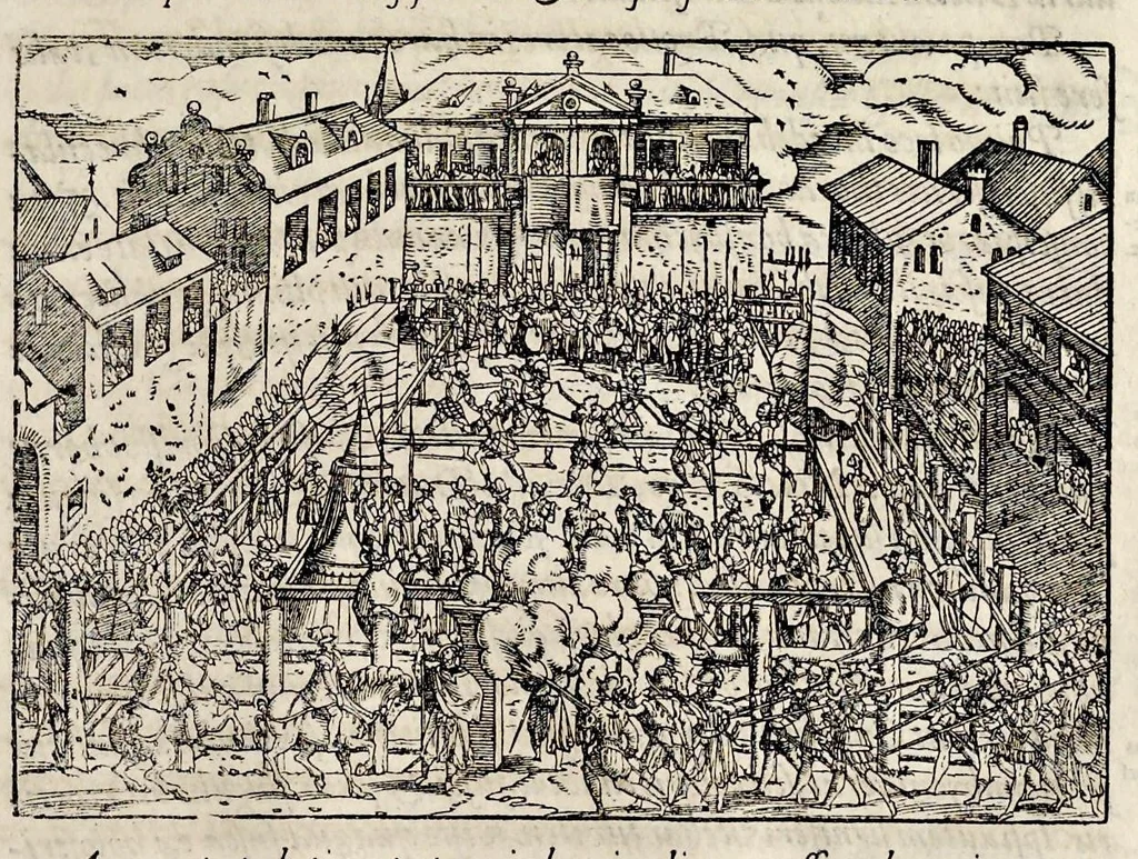 An illustration from Pandectae trivmphales, siue, Pomparvm et festorvm ac solennivm apparatvvm, conviviorvm, spectacvlorvm, simvlacrorvm bellicorvm equestrivm et pedestrivm, navmachiarum, ludorum deniq[ue] omnium nobiliorum, quot hactenus vbiq[ue] gentium re bello bene gesta ... edita concelebrataque sunt, tomi dvo : qvorvm prior de trivmphis ... heroum ... tractat : posterior ... hastilvdiorvm per Germaniam tradit initia ..., 1586, leaf 876