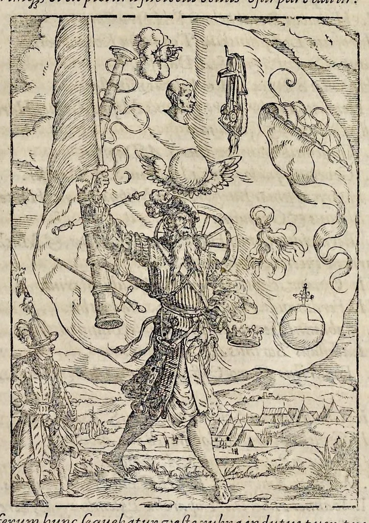 An illustration from Pandectae trivmphales, siue, Pomparvm et festorvm ac solennivm apparatvvm, conviviorvm, spectacvlorvm, simvlacrorvm bellicorvm equestrivm et pedestrivm, navmachiarum, ludorum deniq[ue] omnium nobiliorum, quot hactenus vbiq[ue] gentium re bello bene gesta ... edita concelebrataque sunt, tomi dvo : qvorvm prior de trivmphis ... heroum ... tractat : posterior ... hastilvdiorvm per Germaniam tradit initia ..., 1586, leaf 880