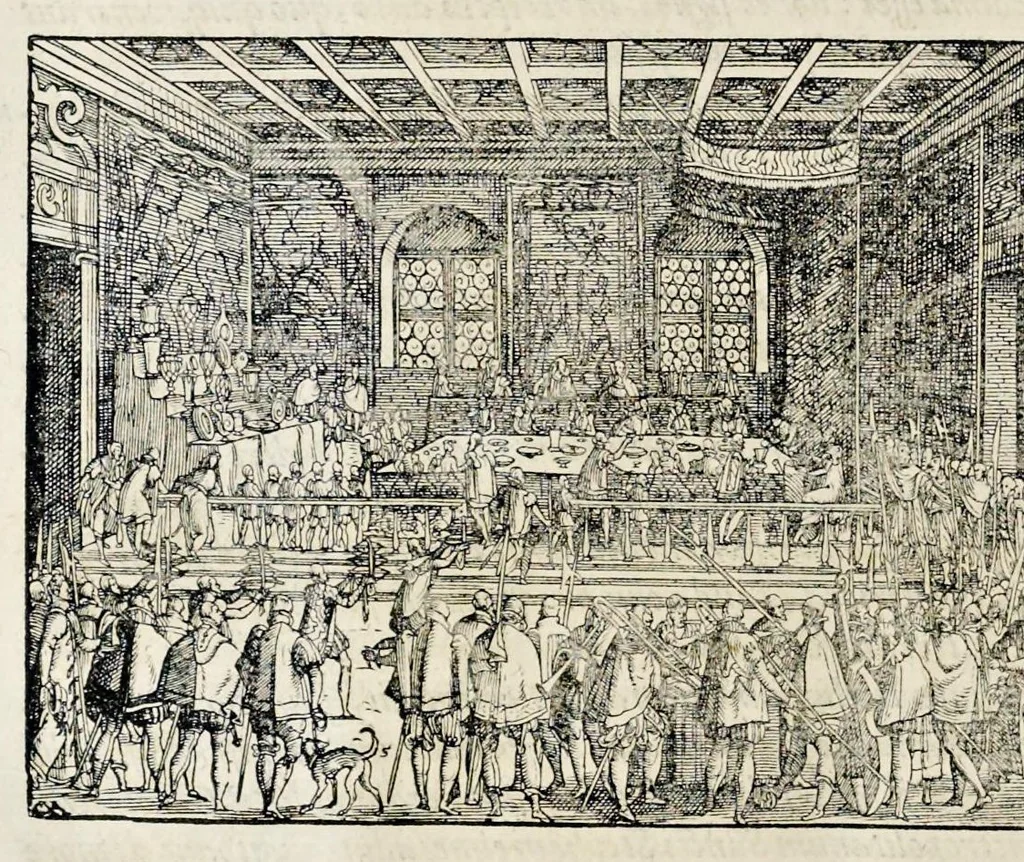 An illustration from Pandectae trivmphales, siue, Pomparvm et festorvm ac solennivm apparatvvm, conviviorvm, spectacvlorvm, simvlacrorvm bellicorvm equestrivm et pedestrivm, navmachiarum, ludorum deniq[ue] omnium nobiliorum, quot hactenus vbiq[ue] gentium re bello bene gesta ... edita concelebrataque sunt, tomi dvo : qvorvm prior de trivmphis ... heroum ... tractat : posterior ... hastilvdiorvm per Germaniam tradit initia ..., 1586, leaf 893