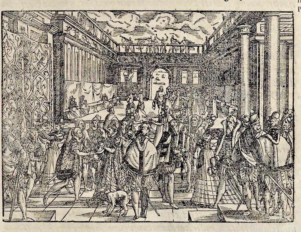 An illustration from Pandectae trivmphales, siue, Pomparvm et festorvm ac solennivm apparatvvm, conviviorvm, spectacvlorvm, simvlacrorvm bellicorvm equestrivm et pedestrivm, navmachiarum, ludorum deniq[ue] omnium nobiliorum, quot hactenus vbiq[ue] gentium re bello bene gesta ... edita concelebrataque sunt, tomi dvo : qvorvm prior de trivmphis ... heroum ... tractat : posterior ... hastilvdiorvm per Germaniam tradit initia ..., 1586, leaf 894