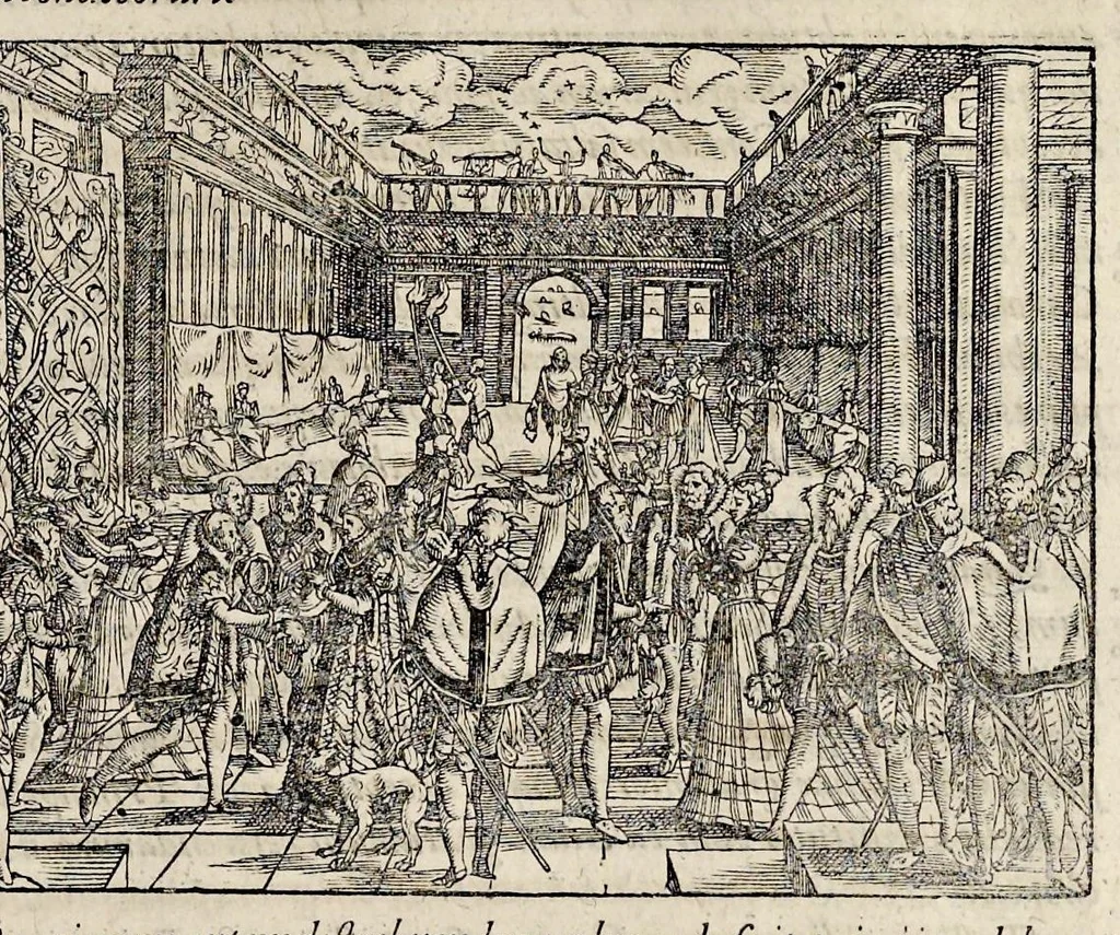 An illustration from Pandectae trivmphales, siue, Pomparvm et festorvm ac solennivm apparatvvm, conviviorvm, spectacvlorvm, simvlacrorvm bellicorvm equestrivm et pedestrivm, navmachiarum, ludorum deniq[ue] omnium nobiliorum, quot hactenus vbiq[ue] gentium re bello bene gesta ... edita concelebrataque sunt, tomi dvo : qvorvm prior de trivmphis ... heroum ... tractat : posterior ... hastilvdiorvm per Germaniam tradit initia ..., 1586, leaf 898