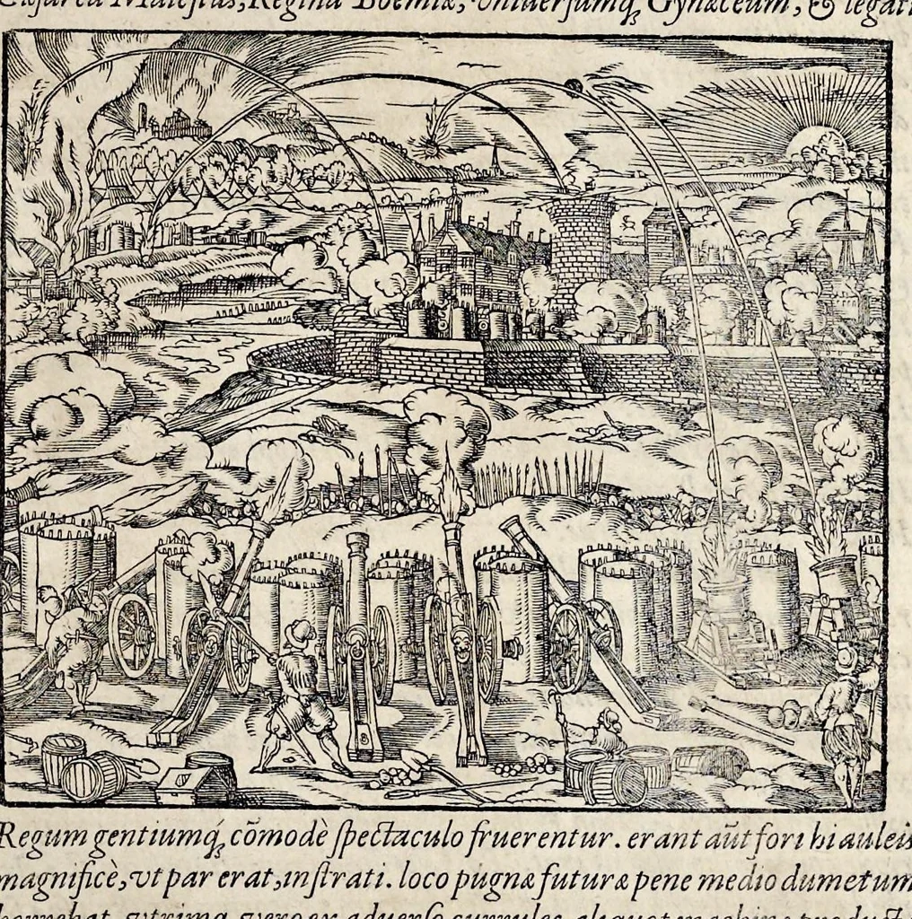 An illustration from Pandectae trivmphales, siue, Pomparvm et festorvm ac solennivm apparatvvm, conviviorvm, spectacvlorvm, simvlacrorvm bellicorvm equestrivm et pedestrivm, navmachiarum, ludorum deniq[ue] omnium nobiliorum, quot hactenus vbiq[ue] gentium re bello bene gesta ... edita concelebrataque sunt, tomi dvo : qvorvm prior de trivmphis ... heroum ... tractat : posterior ... hastilvdiorvm per Germaniam tradit initia ..., 1586, leaf 918