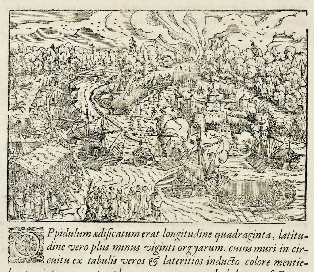 An illustration from Pandectae trivmphales, siue, Pomparvm et festorvm ac solennivm apparatvvm, conviviorvm, spectacvlorvm, simvlacrorvm bellicorvm equestrivm et pedestrivm, navmachiarum, ludorum deniq[ue] omnium nobiliorum, quot hactenus vbiq[ue] gentium re bello bene gesta ... edita concelebrataque sunt, tomi dvo : qvorvm prior de trivmphis ... heroum ... tractat : posterior ... hastilvdiorvm per Germaniam tradit initia ..., 1586, leaf 945