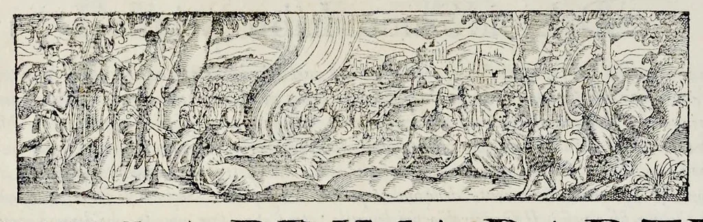 An illustration from Geografia di M. Livio Sanvto, distinta in XII libri : ne' quali, oltra l'esplicatione di molti luoghi di Tolomeo e della Bussola, e dell' Aguglia, si dichiarano le prouincie, popoli, regni, città, porti, monti, fiumi, laghi, e costumi dell'Africa : con XII tauole di essa Africa in dissegno di rame : aggiuntiui de piu tre indicci da M. Giovan Carlo Saraceni, 1588, leaf 125