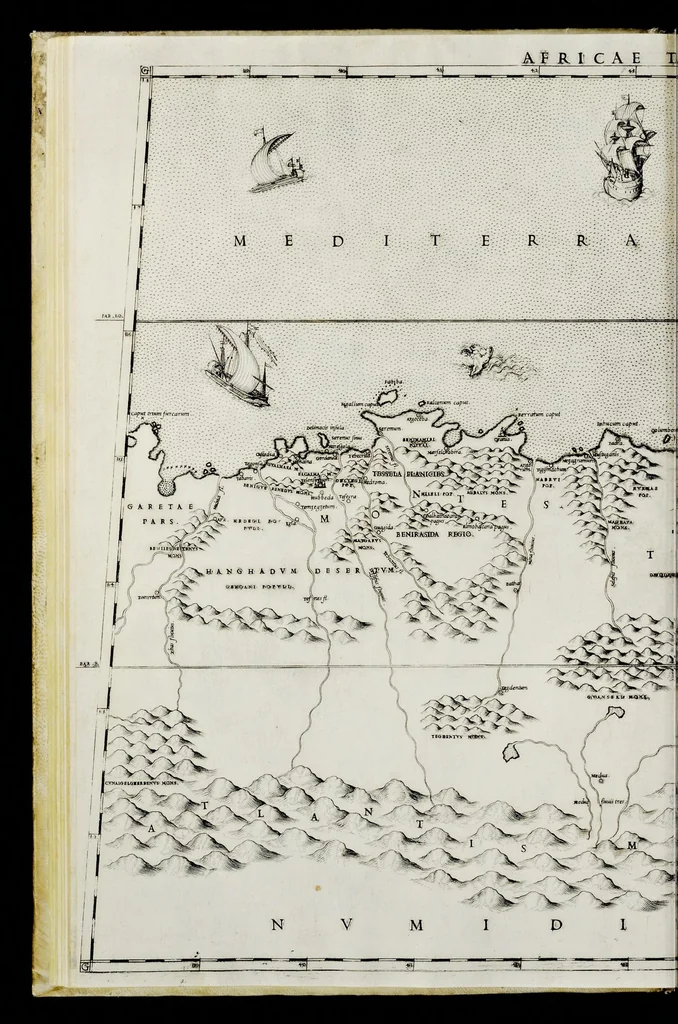 An illustration from Geografia di M. Livio Sanvto, distinta in XII libri : ne' quali, oltra l'esplicatione di molti luoghi di Tolomeo e della Bussola, e dell' Aguglia, si dichiarano le prouincie, popoli, regni, città, porti, monti, fiumi, laghi, e costumi dell'Africa : con XII tauole di essa Africa in dissegno di rame : aggiuntiui de piu tre indicci da M. Giovan Carlo Saraceni, 1588, leaf 65