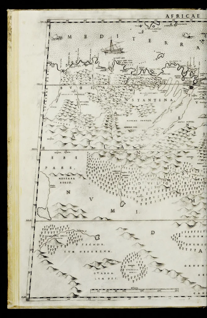 An illustration from Geografia di M. Livio Sanvto, distinta in XII libri : ne' quali, oltra l'esplicatione di molti luoghi di Tolomeo e della Bussola, e dell' Aguglia, si dichiarano le prouincie, popoli, regni, città, porti, monti, fiumi, laghi, e costumi dell'Africa : con XII tauole di essa Africa in dissegno di rame : aggiuntiui de piu tre indicci da M. Giovan Carlo Saraceni, 1588, leaf 69