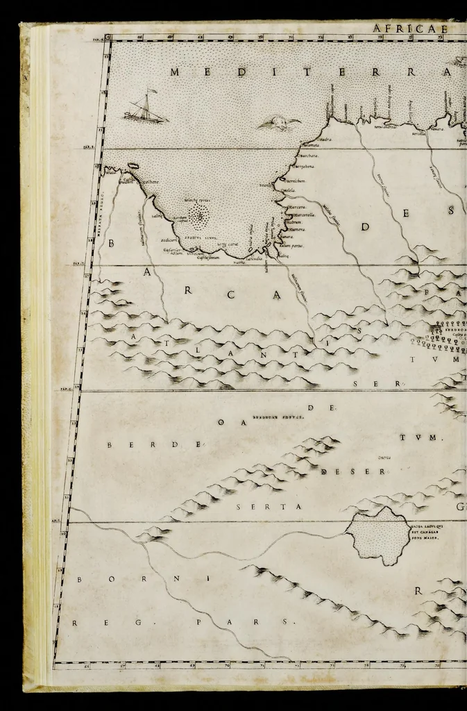 An illustration from Geografia di M. Livio Sanvto, distinta in XII libri : ne' quali, oltra l'esplicatione di molti luoghi di Tolomeo e della Bussola, e dell' Aguglia, si dichiarano le prouincie, popoli, regni, città, porti, monti, fiumi, laghi, e costumi dell'Africa : con XII tauole di essa Africa in dissegno di rame : aggiuntiui de piu tre indicci da M. Giovan Carlo Saraceni, 1588, leaf 73