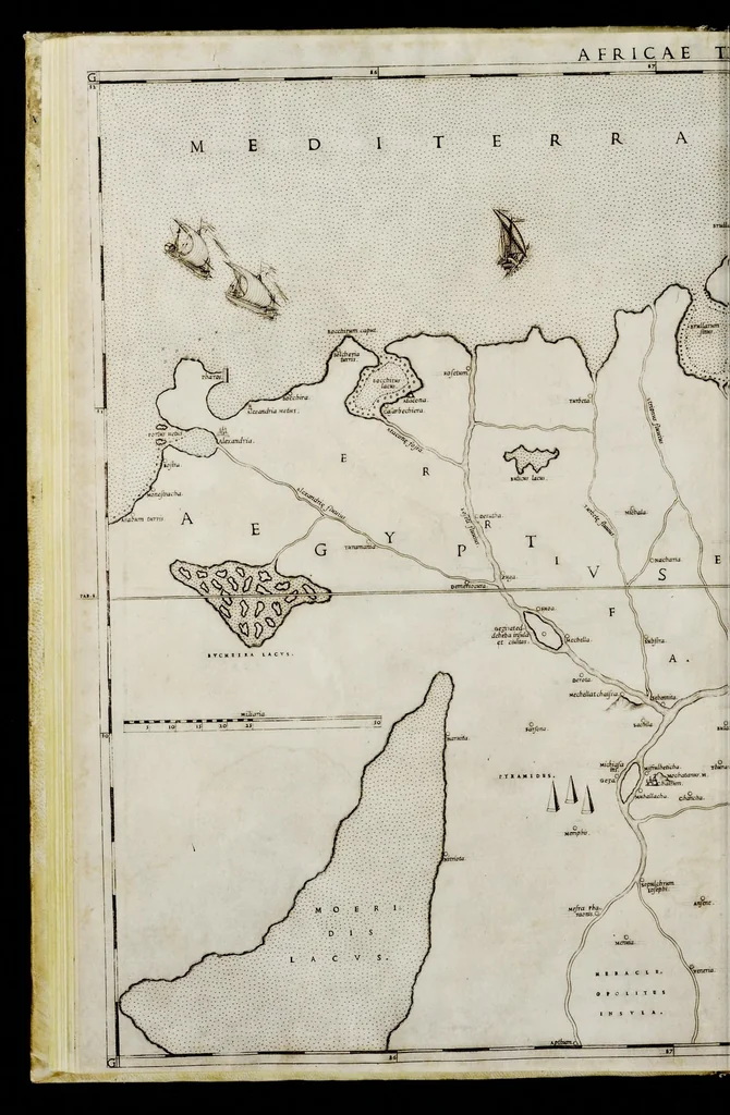 An illustration from Geografia di M. Livio Sanvto, distinta in XII libri : ne' quali, oltra l'esplicatione di molti luoghi di Tolomeo e della Bussola, e dell' Aguglia, si dichiarano le prouincie, popoli, regni, città, porti, monti, fiumi, laghi, e costumi dell'Africa : con XII tauole di essa Africa in dissegno di rame : aggiuntiui de piu tre indicci da M. Giovan Carlo Saraceni, 1588, leaf 77