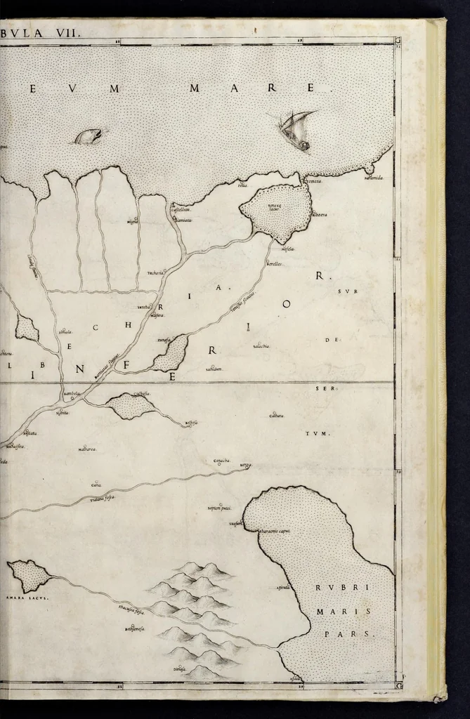 An illustration from Geografia di M. Livio Sanvto, distinta in XII libri : ne' quali, oltra l'esplicatione di molti luoghi di Tolomeo e della Bussola, e dell' Aguglia, si dichiarano le prouincie, popoli, regni, città, porti, monti, fiumi, laghi, e costumi dell'Africa : con XII tauole di essa Africa in dissegno di rame : aggiuntiui de piu tre indicci da M. Giovan Carlo Saraceni, 1588, leaf 78