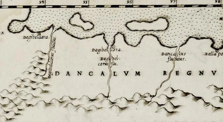 An illustration from Geografia di M. Livio Sanvto, distinta in XII libri : ne' quali, oltra l'esplicatione di molti luoghi di Tolomeo e della Bussola, e dell' Aguglia, si dichiarano le prouincie, popoli, regni, città, porti, monti, fiumi, laghi, e costumi dell'Africa : con XII tauole di essa Africa in dissegno di rame : aggiuntiui de piu tre indicci da M. Giovan Carlo Saraceni, 1588, leaf 85
