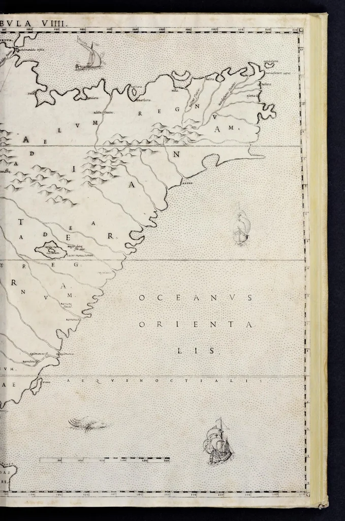 An illustration from Geografia di M. Livio Sanvto, distinta in XII libri : ne' quali, oltra l'esplicatione di molti luoghi di Tolomeo e della Bussola, e dell' Aguglia, si dichiarano le prouincie, popoli, regni, città, porti, monti, fiumi, laghi, e costumi dell'Africa : con XII tauole di essa Africa in dissegno di rame : aggiuntiui de piu tre indicci da M. Giovan Carlo Saraceni, 1588, leaf 86