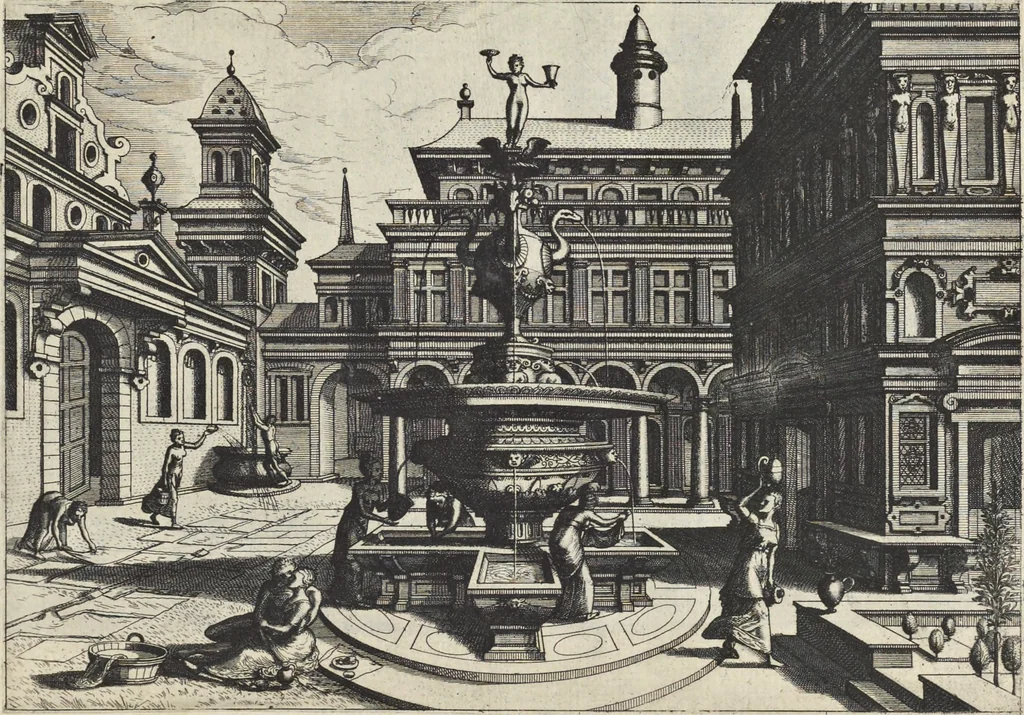 An illustration from Artis perspectiuae plurium generum elegantissimae formulae [graphic], multigenis fontibus, nonnullisq[ue] hortulis affabre factis exornatae, in cõmodum artificum, eorumq[ue] qui architectura, aedificiorumq[ue] cõmensurata uarietate delectantur, antea nunquam impressae, 1568, leaf 10