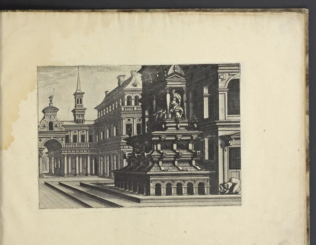 An illustration from Artis perspectiuae plurium generum elegantissimae formulae [graphic], multigenis fontibus, nonnullisq[ue] hortulis affabre factis exornatae, in cõmodum artificum, eorumq[ue] qui architectura, aedificiorumq[ue] cõmensurata uarietate delectantur, antea nunquam impressae, 1568, leaf 12