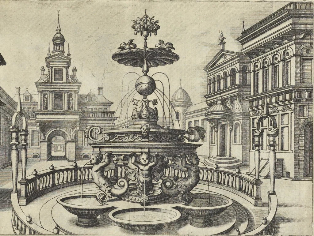 An illustration from Artis perspectiuae plurium generum elegantissimae formulae [graphic], multigenis fontibus, nonnullisq[ue] hortulis affabre factis exornatae, in cõmodum artificum, eorumq[ue] qui architectura, aedificiorumq[ue] cõmensurata uarietate delectantur, antea nunquam impressae, 1568, leaf 14