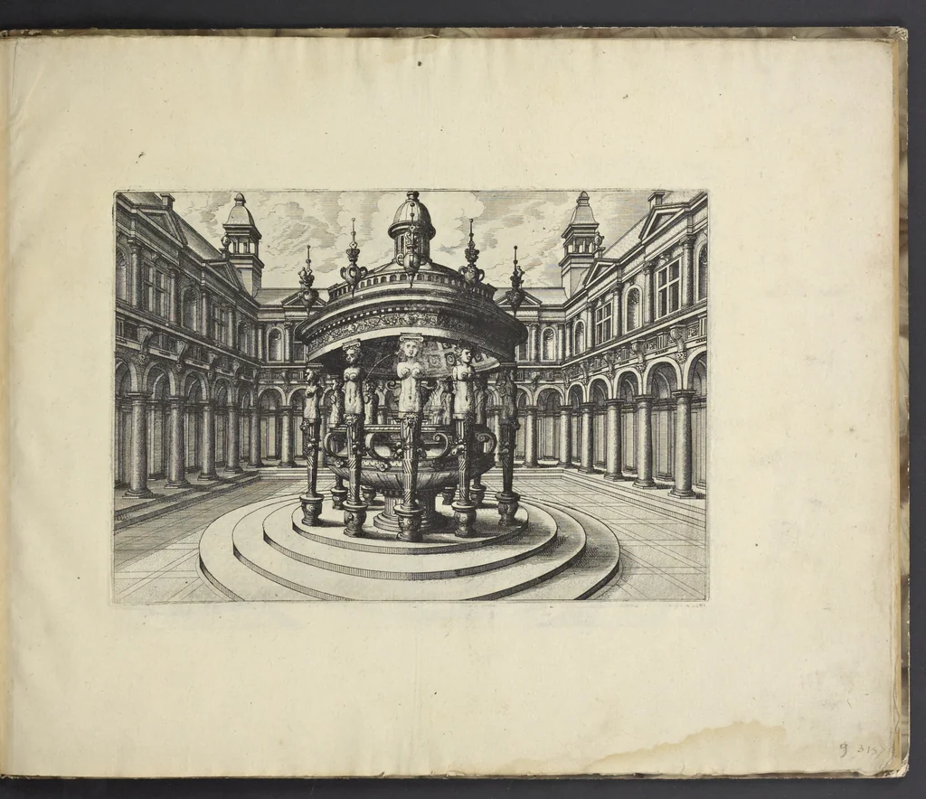 An illustration from Artis perspectiuae plurium generum elegantissimae formulae [graphic], multigenis fontibus, nonnullisq[ue] hortulis affabre factis exornatae, in cõmodum artificum, eorumq[ue] qui architectura, aedificiorumq[ue] cõmensurata uarietate delectantur, antea nunquam impressae, 1568, leaf 22
