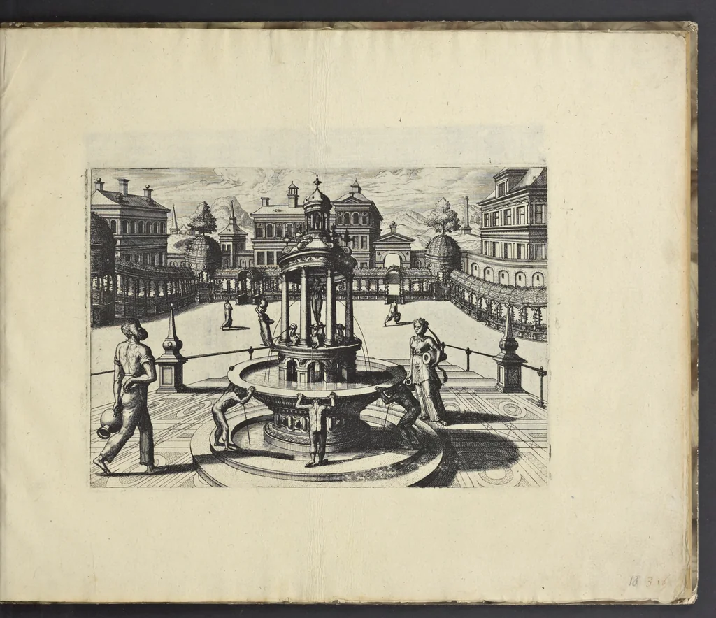 An illustration from Artis perspectiuae plurium generum elegantissimae formulae [graphic], multigenis fontibus, nonnullisq[ue] hortulis affabre factis exornatae, in cõmodum artificum, eorumq[ue] qui architectura, aedificiorumq[ue] cõmensurata uarietate delectantur, antea nunquam impressae, 1568, leaf 24