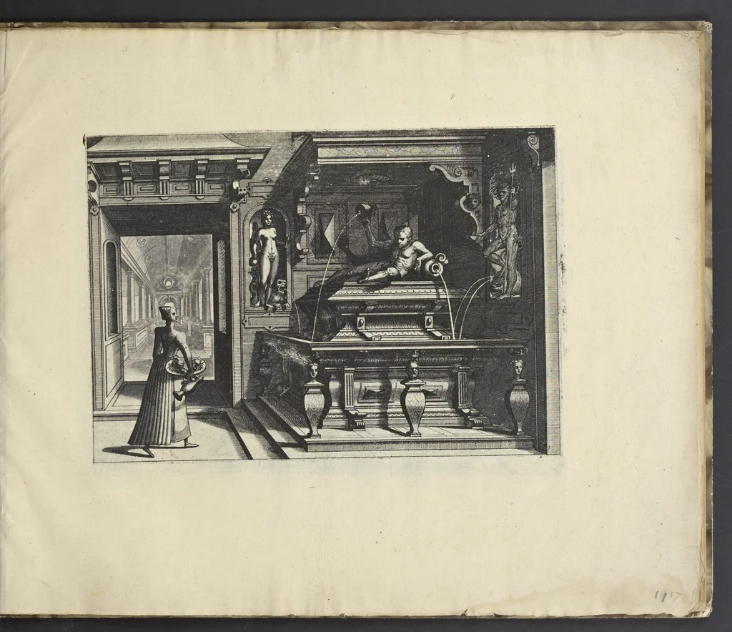 An illustration from Artis perspectiuae plurium generum elegantissimae formulae [graphic], multigenis fontibus, nonnullisq[ue] hortulis affabre factis exornatae, in cõmodum artificum, eorumq[ue] qui architectura, aedificiorumq[ue] cõmensurata uarietate delectantur, antea nunquam impressae, 1568, leaf 26