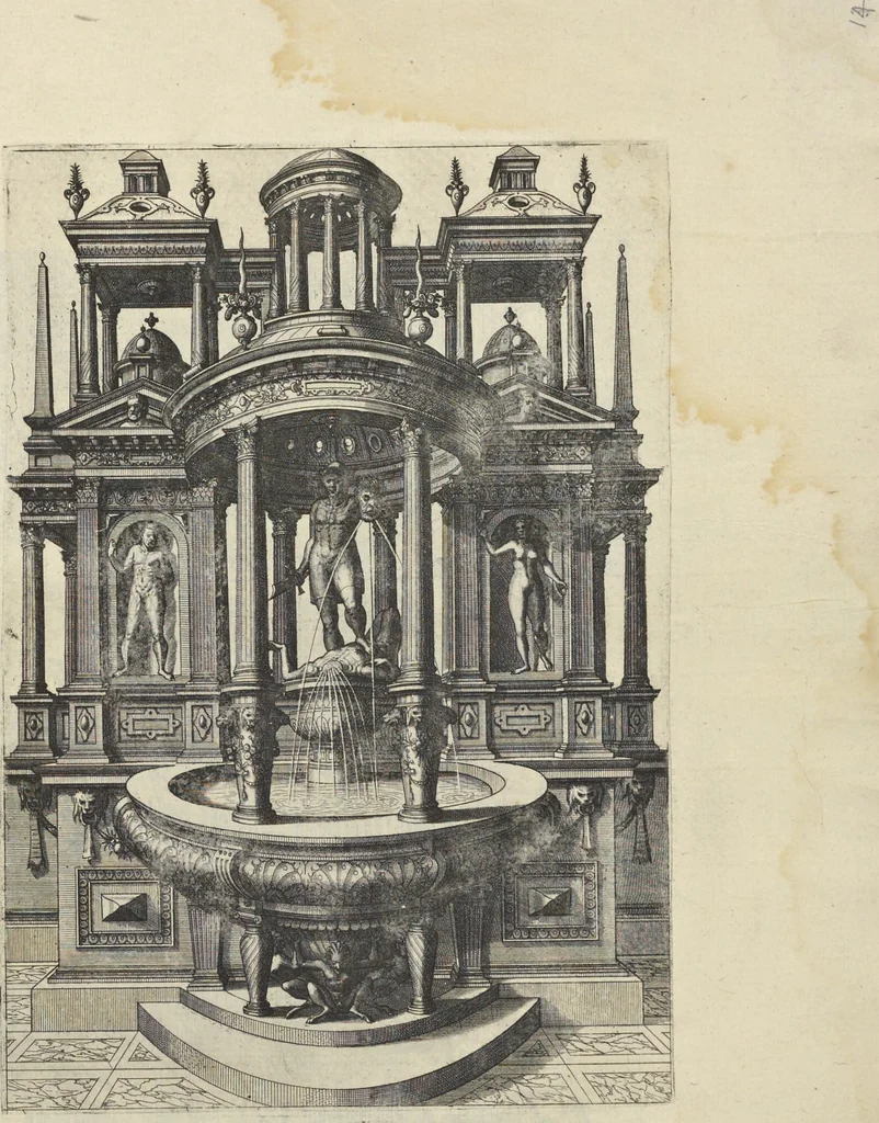 An illustration from Artis perspectiuae plurium generum elegantissimae formulae [graphic], multigenis fontibus, nonnullisq[ue] hortulis affabre factis exornatae, in cõmodum artificum, eorumq[ue] qui architectura, aedificiorumq[ue] cõmensurata uarietate delectantur, antea nunquam impressae, 1568, leaf 32