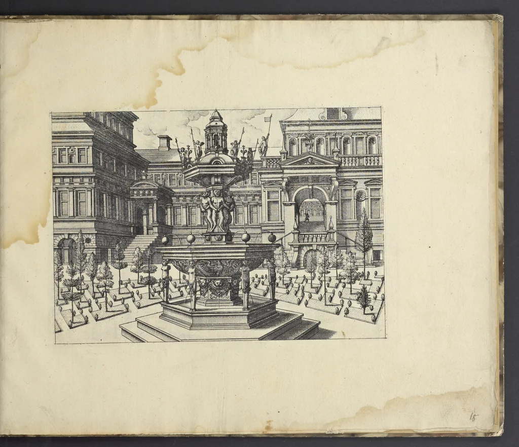 An illustration from Artis perspectiuae plurium generum elegantissimae formulae [graphic], multigenis fontibus, nonnullisq[ue] hortulis affabre factis exornatae, in cõmodum artificum, eorumq[ue] qui architectura, aedificiorumq[ue] cõmensurata uarietate delectantur, antea nunquam impressae, 1568, leaf 34