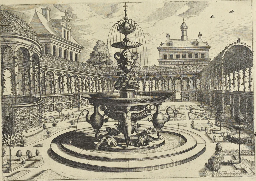 An illustration from Artis perspectiuae plurium generum elegantissimae formulae [graphic], multigenis fontibus, nonnullisq[ue] hortulis affabre factis exornatae, in cõmodum artificum, eorumq[ue] qui architectura, aedificiorumq[ue] cõmensurata uarietate delectantur, antea nunquam impressae, 1568, leaf 38