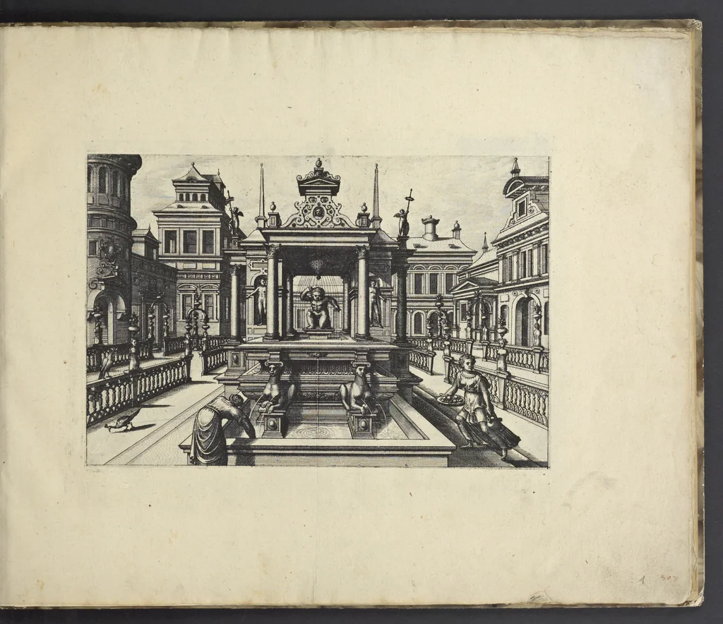 An illustration from Artis perspectiuae plurium generum elegantissimae formulae [graphic], multigenis fontibus, nonnullisq[ue] hortulis affabre factis exornatae, in cõmodum artificum, eorumq[ue] qui architectura, aedificiorumq[ue] cõmensurata uarietate delectantur, antea nunquam impressae, 1568, leaf 6