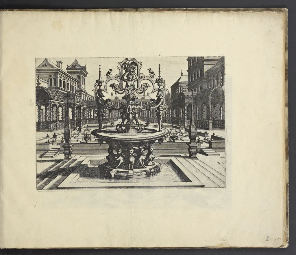 An illustration from Artis perspectiuae plurium generum elegantissimae formulae [graphic], multigenis fontibus, nonnullisq[ue] hortulis affabre factis exornatae, in cõmodum artificum, eorumq[ue] qui architectura, aedificiorumq[ue] cõmensurata uarietate delectantur, antea nunquam impressae, 1568, leaf 8