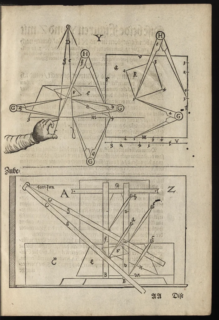 An illustration from Perspectiva : hierinnen auffs kürtzte beschrieben, mit Exempeln eröffnet vnd an Tag gegeben wird, ein newer besonder kurtzer, doch gerechter vnd sehr leichter Weg, wie allerley Ding, es seyen Corpora, Gebäw, oder was möglich zuerdencken vnd in Grund zulegen ist, verruckt oder vnverruckt, ferner in die Perspectif gebracht werden mag, ohn einige vergebliche Linie, Riss vnd Puncten [et]c, dergleichen Weg bisshero noch nicht bekannt gewesen, 1595, leaf 12