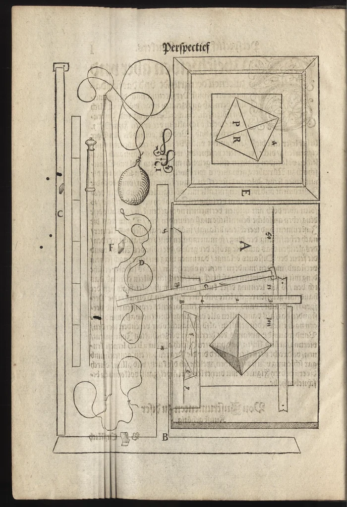 An illustration from Perspectiva : hierinnen auffs kürtzte beschrieben, mit Exempeln eröffnet vnd an Tag gegeben wird, ein newer besonder kurtzer, doch gerechter vnd sehr leichter Weg, wie allerley Ding, es seyen Corpora, Gebäw, oder was möglich zuerdencken vnd in Grund zulegen ist, verruckt oder vnverruckt, ferner in die Perspectif gebracht werden mag, ohn einige vergebliche Linie, Riss vnd Puncten [et]c, dergleichen Weg bisshero noch nicht bekannt gewesen, 1595, leaf 17