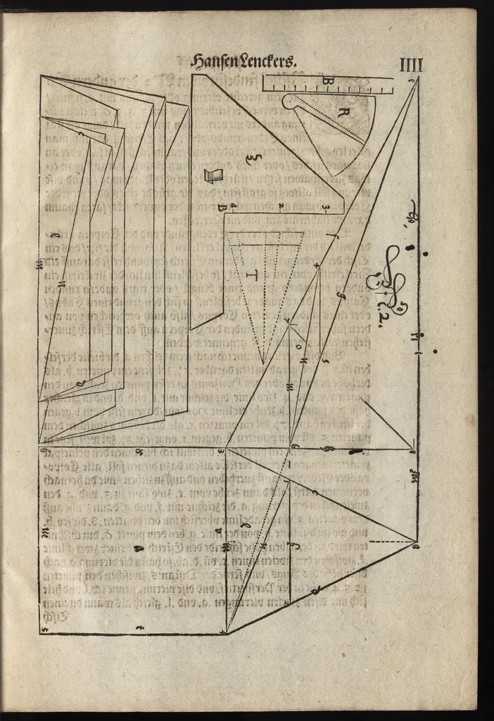 An illustration from Perspectiva : hierinnen auffs kürtzte beschrieben, mit Exempeln eröffnet vnd an Tag gegeben wird, ein newer besonder kurtzer, doch gerechter vnd sehr leichter Weg, wie allerley Ding, es seyen Corpora, Gebäw, oder was möglich zuerdencken vnd in Grund zulegen ist, verruckt oder vnverruckt, ferner in die Perspectif gebracht werden mag, ohn einige vergebliche Linie, Riss vnd Puncten [et]c, dergleichen Weg bisshero noch nicht bekannt gewesen, 1595, leaf 22