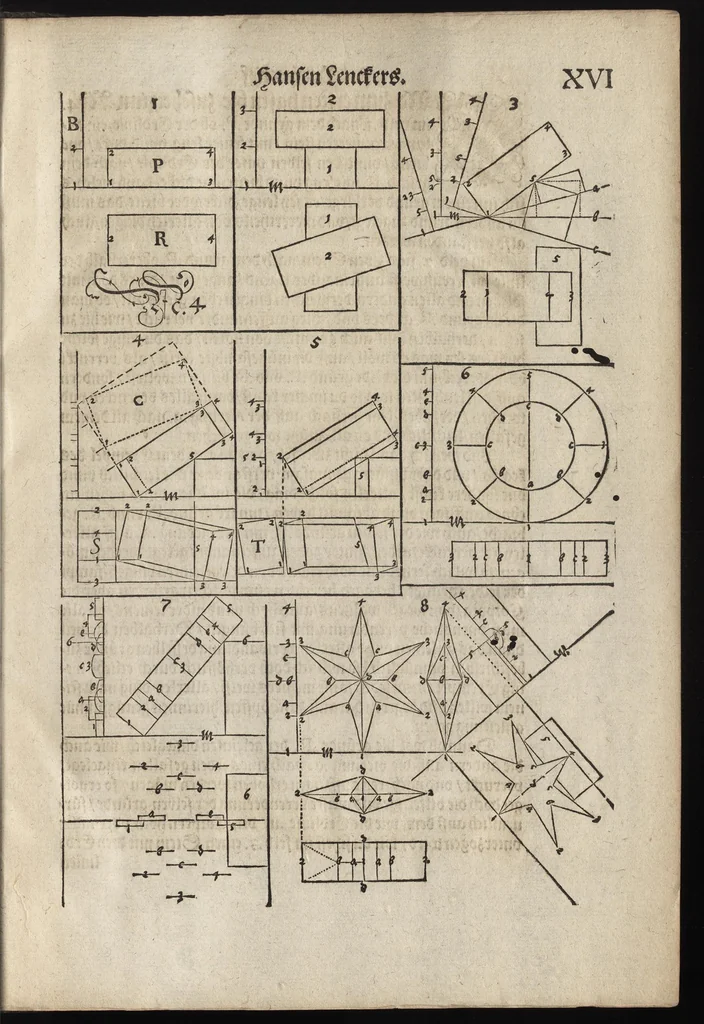 An illustration from Perspectiva : hierinnen auffs kürtzte beschrieben, mit Exempeln eröffnet vnd an Tag gegeben wird, ein newer besonder kurtzer, doch gerechter vnd sehr leichter Weg, wie allerley Ding, es seyen Corpora, Gebäw, oder was möglich zuerdencken vnd in Grund zulegen ist, verruckt oder vnverruckt, ferner in die Perspectif gebracht werden mag, ohn einige vergebliche Linie, Riss vnd Puncten [et]c, dergleichen Weg bisshero noch nicht bekannt gewesen, 1595, leaf 46