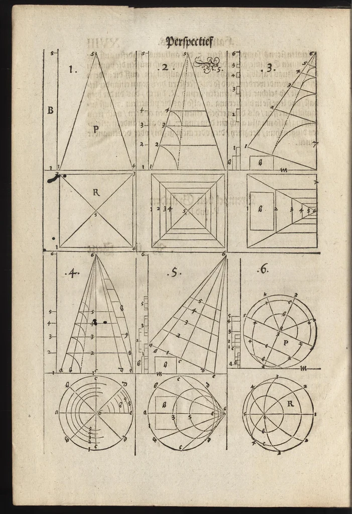 An illustration from Perspectiva : hierinnen auffs kürtzte beschrieben, mit Exempeln eröffnet vnd an Tag gegeben wird, ein newer besonder kurtzer, doch gerechter vnd sehr leichter Weg, wie allerley Ding, es seyen Corpora, Gebäw, oder was möglich zuerdencken vnd in Grund zulegen ist, verruckt oder vnverruckt, ferner in die Perspectif gebracht werden mag, ohn einige vergebliche Linie, Riss vnd Puncten [et]c, dergleichen Weg bisshero noch nicht bekannt gewesen, 1595, leaf 51