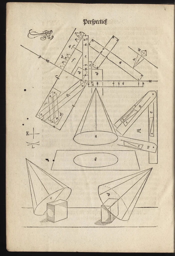 An illustration from Perspectiva : hierinnen auffs kürtzte beschrieben, mit Exempeln eröffnet vnd an Tag gegeben wird, ein newer besonder kurtzer, doch gerechter vnd sehr leichter Weg, wie allerley Ding, es seyen Corpora, Gebäw, oder was möglich zuerdencken vnd in Grund zulegen ist, verruckt oder vnverruckt, ferner in die Perspectif gebracht werden mag, ohn einige vergebliche Linie, Riss vnd Puncten [et]c, dergleichen Weg bisshero noch nicht bekannt gewesen, 1595, leaf 67