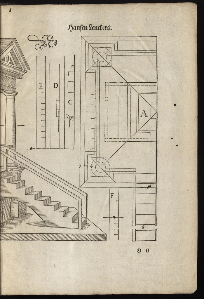 An illustration from Perspectiva : hierinnen auffs kürtzte beschrieben, mit Exempeln eröffnet vnd an Tag gegeben wird, ein newer besonder kurtzer, doch gerechter vnd sehr leichter Weg, wie allerley Ding, es seyen Corpora, Gebäw, oder was möglich zuerdencken vnd in Grund zulegen ist, verruckt oder vnverruckt, ferner in die Perspectif gebracht werden mag, ohn einige vergebliche Linie, Riss vnd Puncten [et]c, dergleichen Weg bisshero noch nicht bekannt gewesen, 1595, leaf 70