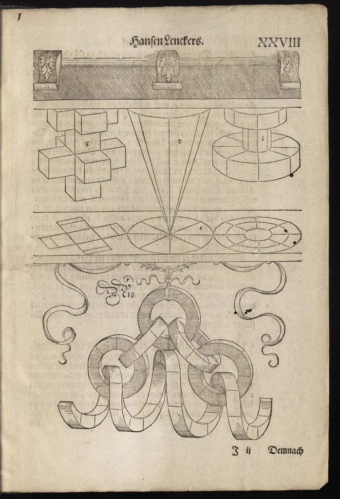 An illustration from Perspectiva : hierinnen auffs kürtzte beschrieben, mit Exempeln eröffnet vnd an Tag gegeben wird, ein newer besonder kurtzer, doch gerechter vnd sehr leichter Weg, wie allerley Ding, es seyen Corpora, Gebäw, oder was möglich zuerdencken vnd in Grund zulegen ist, verruckt oder vnverruckt, ferner in die Perspectif gebracht werden mag, ohn einige vergebliche Linie, Riss vnd Puncten [et]c, dergleichen Weg bisshero noch nicht bekannt gewesen, 1595, leaf 74