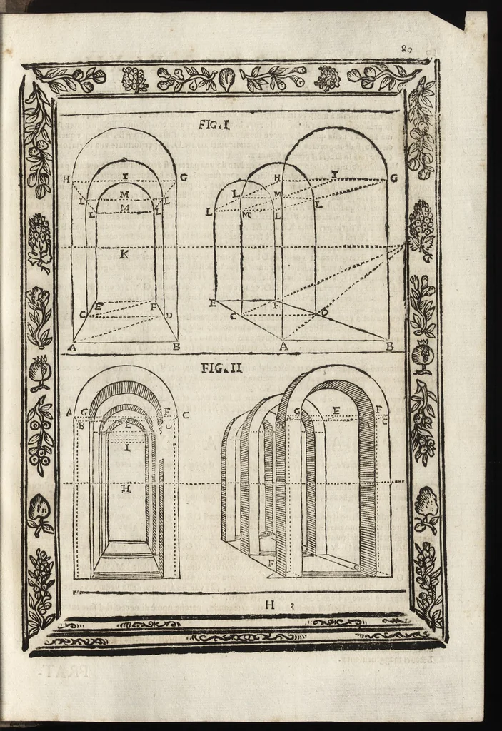 An illustration from Paradossi per pratticare la prospettiva senza saperla, fiori, per facilitare l'intelligenza, frutti, per non operare alla cieca. Cognitioni necessarie à pittori, scultori, architetti, ed à qualunque si diletta di disegno, 1683, leaf 100