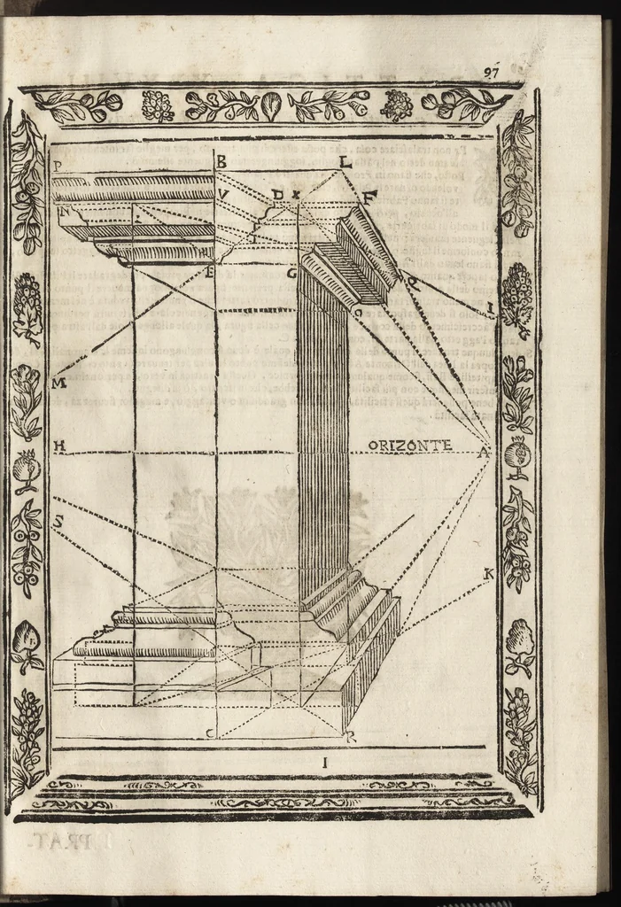 An illustration from Paradossi per pratticare la prospettiva senza saperla, fiori, per facilitare l'intelligenza, frutti, per non operare alla cieca. Cognitioni necessarie à pittori, scultori, architetti, ed à qualunque si diletta di disegno, 1683, leaf 108
