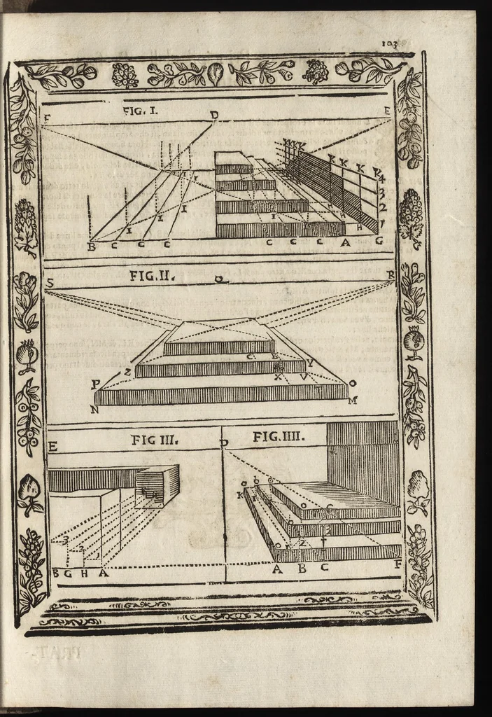 An illustration from Paradossi per pratticare la prospettiva senza saperla, fiori, per facilitare l'intelligenza, frutti, per non operare alla cieca. Cognitioni necessarie à pittori, scultori, architetti, ed à qualunque si diletta di disegno, 1683, leaf 114