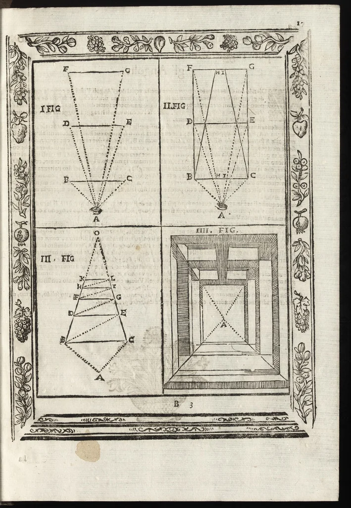 An illustration from Paradossi per pratticare la prospettiva senza saperla, fiori, per facilitare l'intelligenza, frutti, per non operare alla cieca. Cognitioni necessarie à pittori, scultori, architetti, ed à qualunque si diletta di disegno, 1683, leaf 28