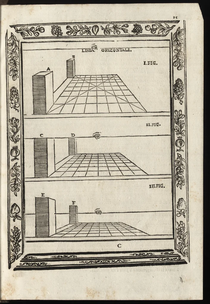 An illustration from Paradossi per pratticare la prospettiva senza saperla, fiori, per facilitare l'intelligenza, frutti, per non operare alla cieca. Cognitioni necessarie à pittori, scultori, architetti, ed à qualunque si diletta di disegno, 1683, leaf 36