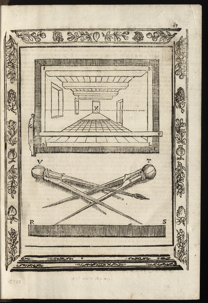 An illustration from Paradossi per pratticare la prospettiva senza saperla, fiori, per facilitare l'intelligenza, frutti, per non operare alla cieca. Cognitioni necessarie à pittori, scultori, architetti, ed à qualunque si diletta di disegno, 1683, leaf 58