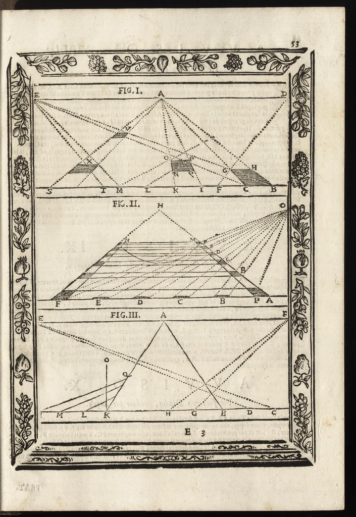 An illustration from Paradossi per pratticare la prospettiva senza saperla, fiori, per facilitare l'intelligenza, frutti, per non operare alla cieca. Cognitioni necessarie à pittori, scultori, architetti, ed à qualunque si diletta di disegno, 1683, leaf 64