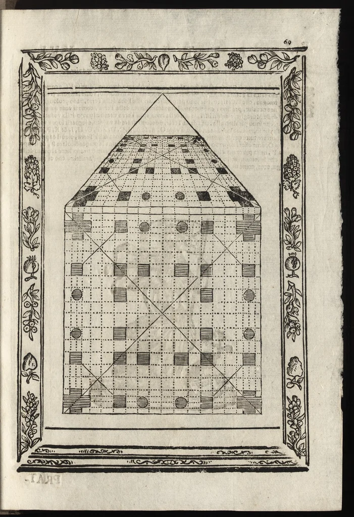 An illustration from Paradossi per pratticare la prospettiva senza saperla, fiori, per facilitare l'intelligenza, frutti, per non operare alla cieca. Cognitioni necessarie à pittori, scultori, architetti, ed à qualunque si diletta di disegno, 1683, leaf 80