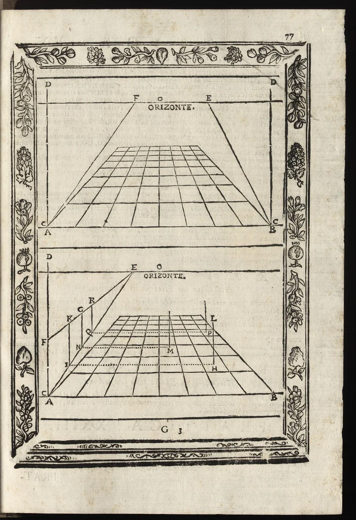 An illustration from Paradossi per pratticare la prospettiva senza saperla, fiori, per facilitare l'intelligenza, frutti, per non operare alla cieca. Cognitioni necessarie à pittori, scultori, architetti, ed à qualunque si diletta di disegno, 1683, leaf 88