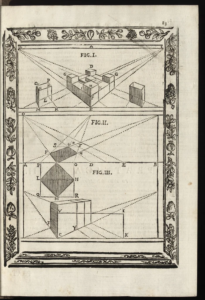 An illustration from Paradossi per pratticare la prospettiva senza saperla, fiori, per facilitare l'intelligenza, frutti, per non operare alla cieca. Cognitioni necessarie à pittori, scultori, architetti, ed à qualunque si diletta di disegno, 1683, leaf 94